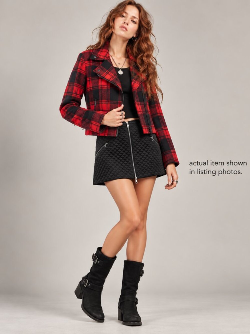 Red & Black Plaid Moto Style Jacket
